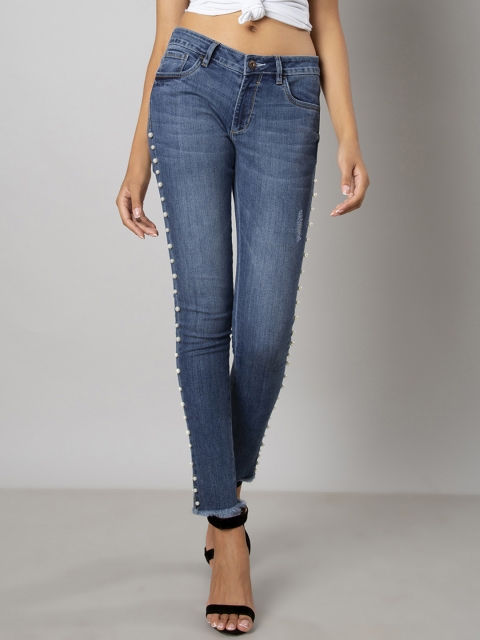 

FabAlley Women Blue Skinny Fit Mid-Rise Low Distress Jeans
