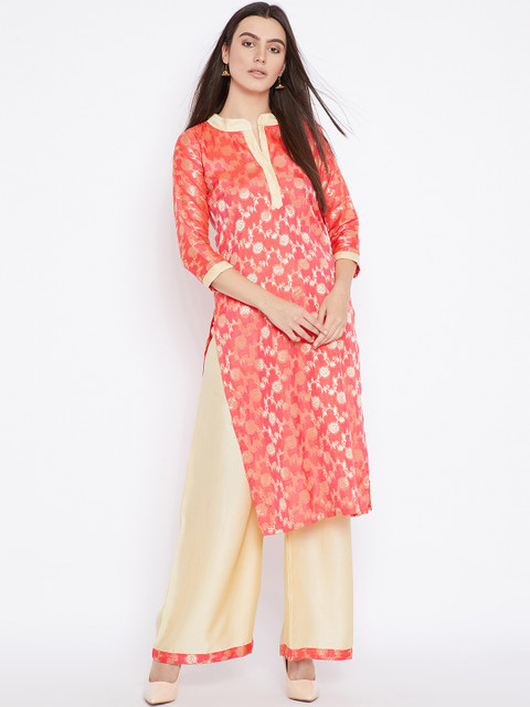 

AgrohA Women Pink & Beige Self Design Kurta with Palazzos