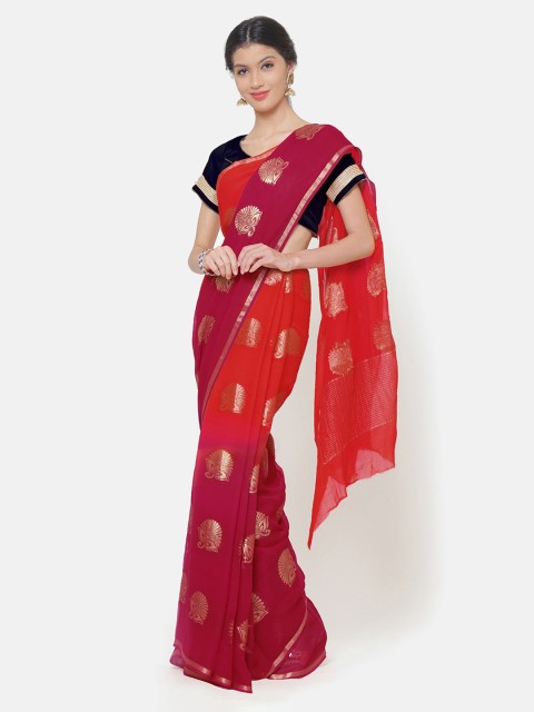 

Chhabra 555 Red Poly Georgette Woven Design Leheriya Saree