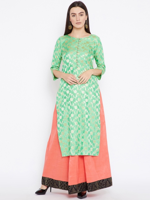 

AgrohA Women Green & Peach-Coloured Self Design Kurta with Palazzos