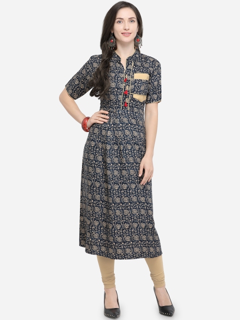 

Stylee LIFESTYLE Women Navy Blue & Beige Printed A-Line Kurta