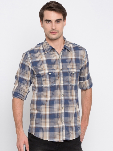 

SPYKAR Men Beige & Blue Slim Fit Checked Casual Shirt