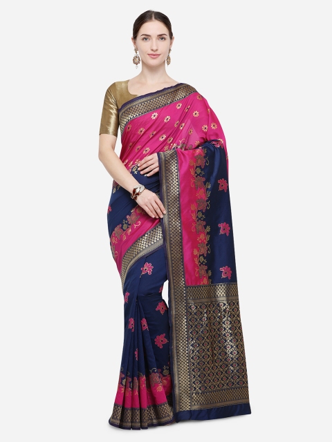 

Satrani Navy Blue & Pink Poly Silk Woven Design Kanjeevaram Saree