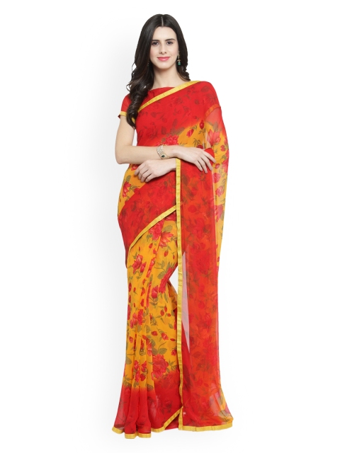 

Shaily Red & Yellow Pure Georgette Printed Saree