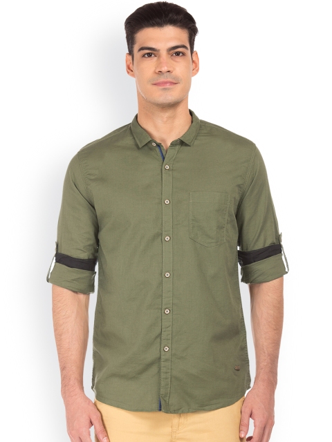 Cherokee Men Olive Green Regular Fit Solid Casual Shirt