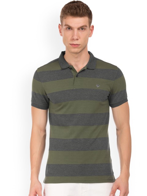

Ruggers Men Olive Green Striped Polo Collar T-shirt
