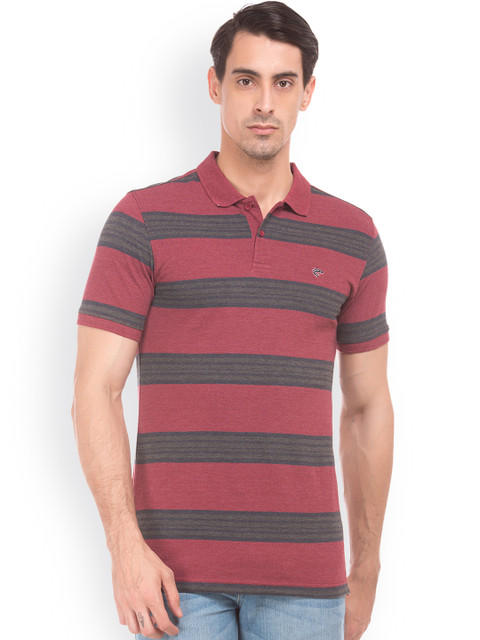 

Ruggers Men Red & Olive Green Striped Polo Collar T-shirt
