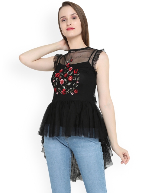 

Splash Women Black Embroidered High-Low Top