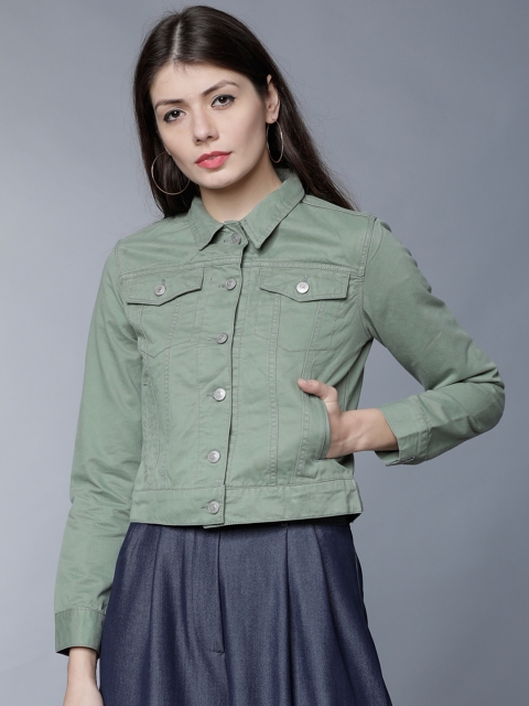 

Tokyo Talkies Women Olive Green Solid Crop Denim Jacket