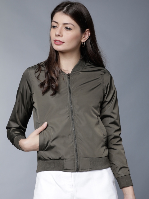 

Tokyo Talkies Women Olive Green Solid Bomber