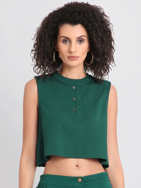 

Kazo Women Green Solid A-Line Crop Top