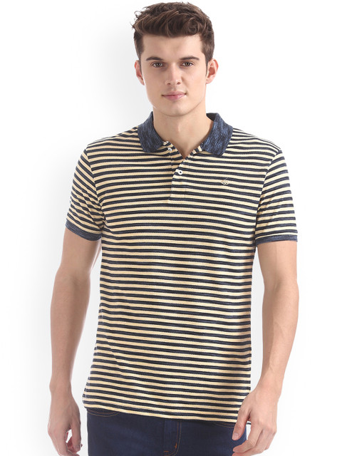

Ruggers Men Beige Striped Polo Collar T-shirt