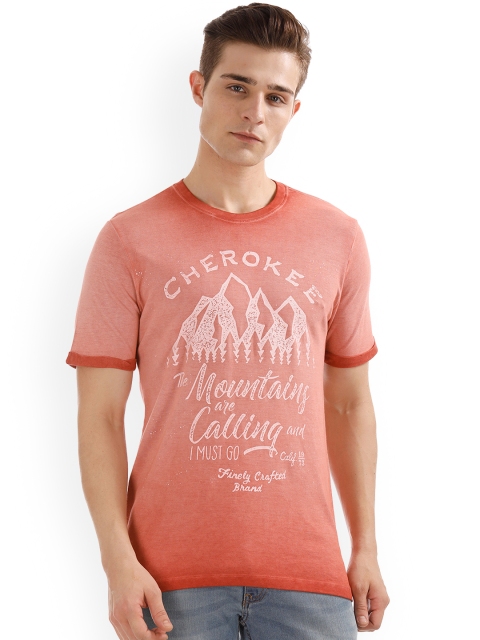 Cherokee Men Orange Printed Round Neck T-shirt