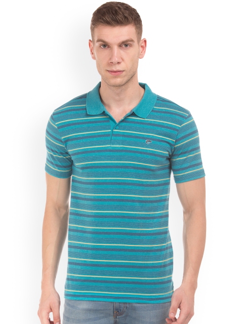 

Ruggers Men Teal Blue Striped Polo Collar T-shirt
