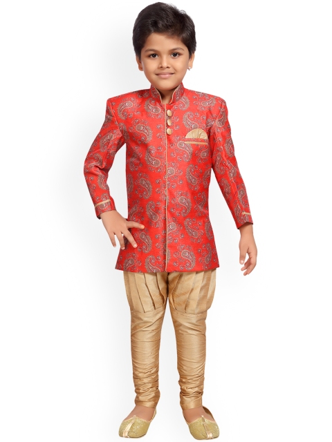 

Kidling Boys Red & Gold-Coloured Sherwani with Churidar