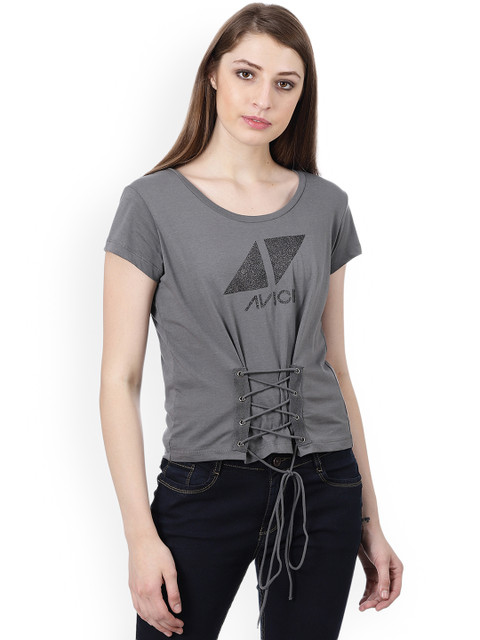 

Free Authority Women Charcoal Grey AVICII Printed Round Neck T-Shirt