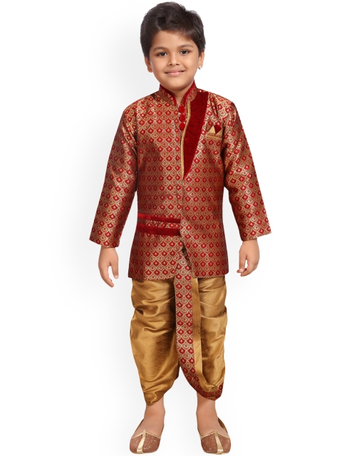 

Kidling Boys Maroon & Gold-Coloured Sherwani with Dhoti