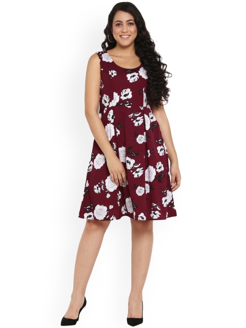 

Qurvii Plus Size Women Maroon White Printed Fit and Flare Dress