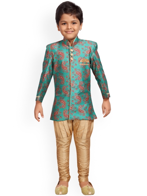 

Kidling Boys Green & Gold-Coloured Sherwani with Churidar
