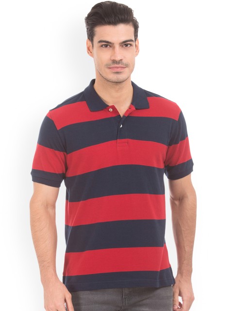 

Ruggers Men Red & Navy Blue Striped Polo Collar T-shirt