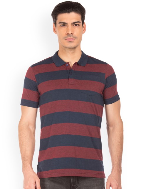 

Ruggers Men Maroon & Blue Striped Polo Collar T-shirt