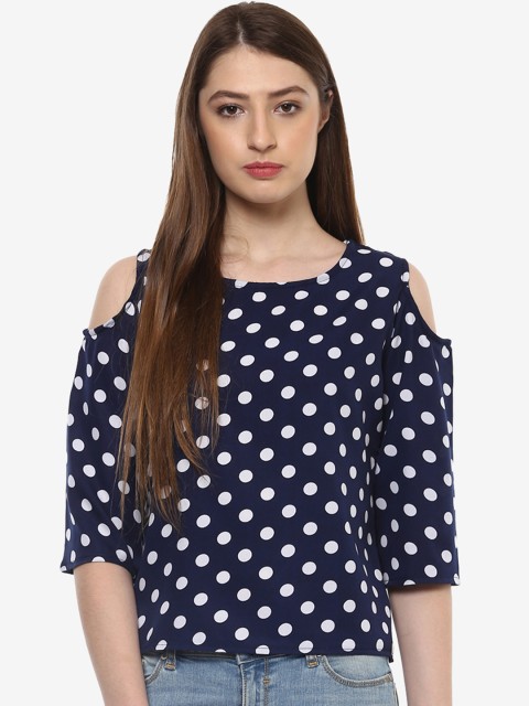 

Indietoga Women Blue Polka Dot Printed Cold-Shoulder Sleeves Top