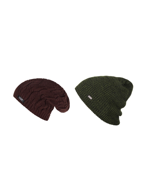 

NOISE Unisex Pack of 2 Maroon & Olive Green Self Design Beanie