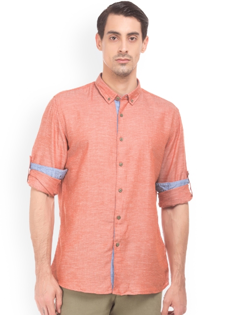 Cherokee Men Coral Orange Regular Fit Solid Casual Shirt