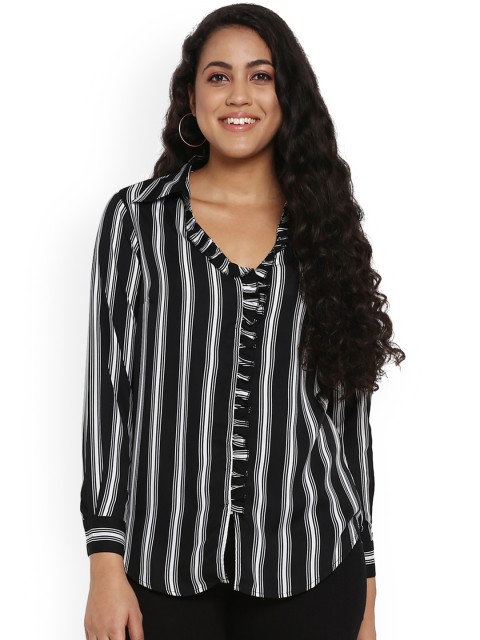 

Qurvii Plus Size Women Black White Regular Fit Striped Casual Shirt