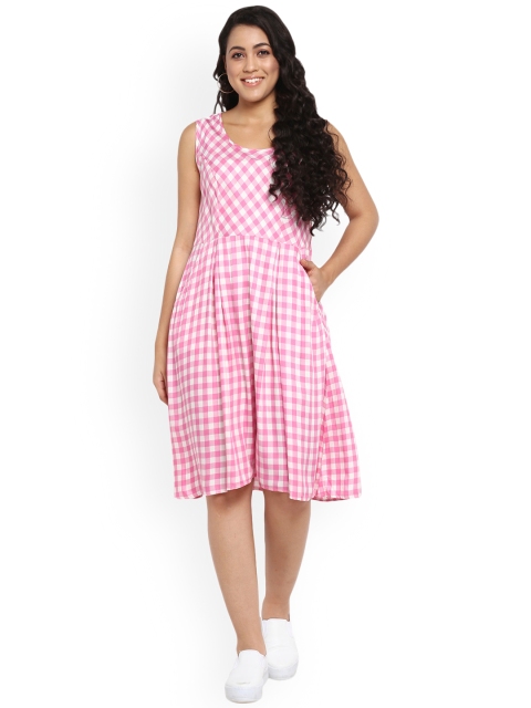 

Qurvii Plus Size Women Pink White Checked Fit and Flare Dress