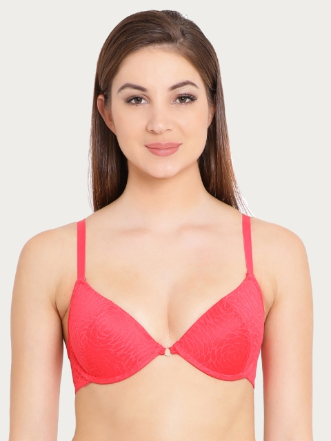 

Clovia Lace Padded Underwired Push-Up Plunge Bra, Coral