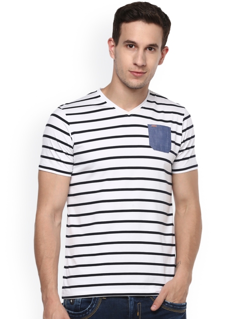 

SPYKAR Men White & Black Striped Slim Fit V-Neck T-shirt