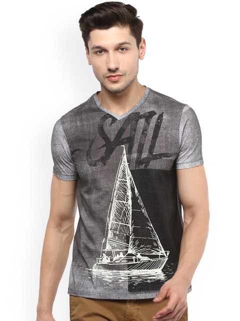 

SPYKAR Men Grey Printed Slim Fit V-Neck T-shirt