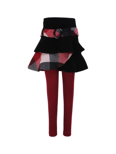 

CUTECUMBER Girls Black & Red Checked Flared Skirt With Leggings