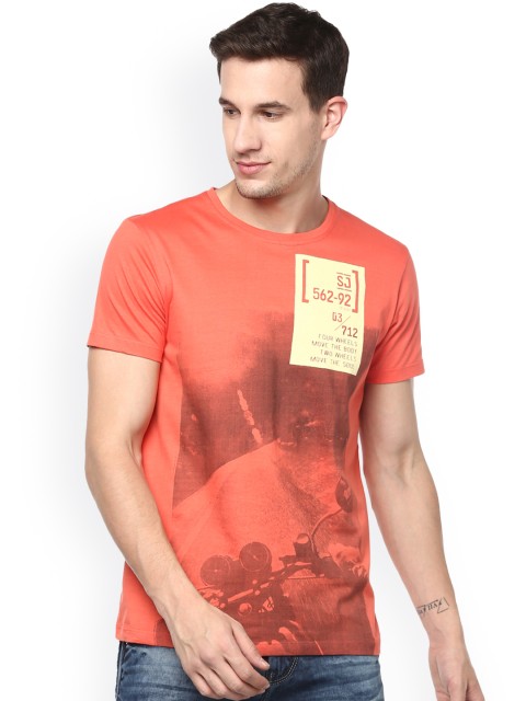 

SPYKAR Men Orange Printed Slim Fit Round Neck T-shirt