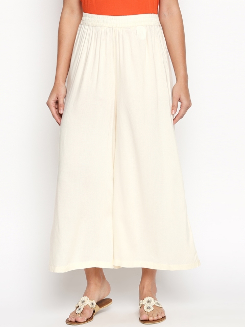 

RANGMANCH BY PANTALOONS Women Off-White Solid Straight Palazzos