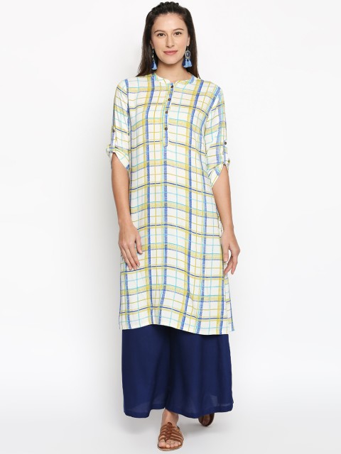 

RANGMANCH BY PANTALOONS Women Off-White & Blue Checked Straight Kurta