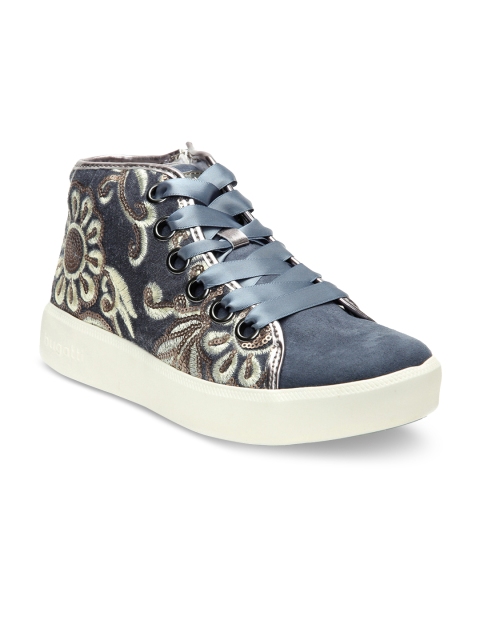 

Bugatti Women Blue Printed Textile Mid-Top Sneakers