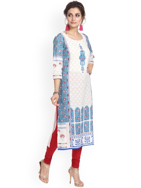 

Alena Women White & Blue Printed Straight Kurta