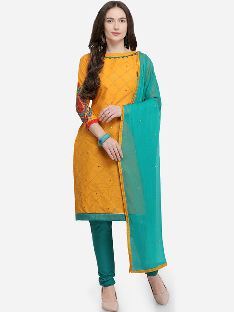 

mf Mustard Yellow & Sea Green Pure Cotton Unstitched Dress Material