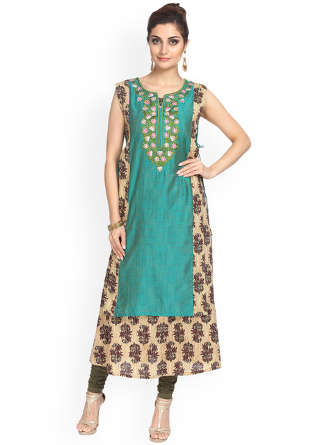

Alena Women Green Embroidered A-Line Kurta
