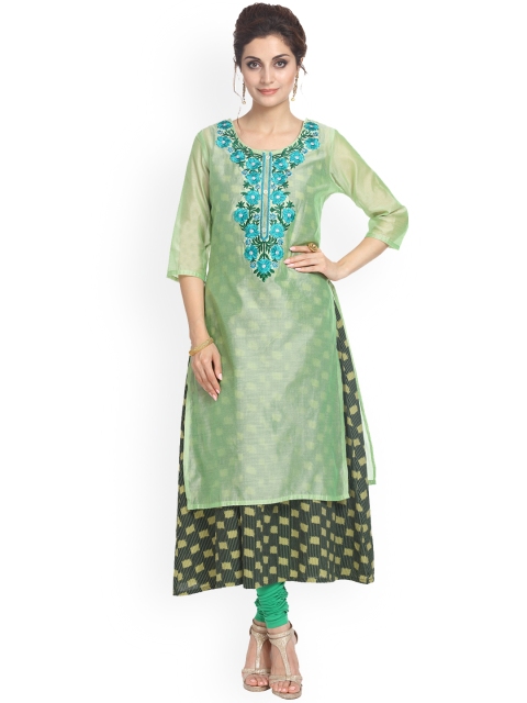 

Alena Women Green Embroidered A-Line Kurta