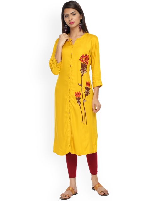 Alena Women Mustard Yellow Embroidered Straight Kurta