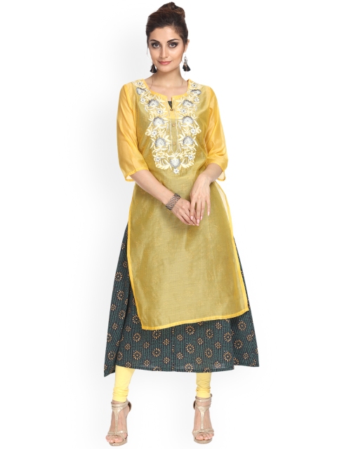 

Alena Women Yellow Embroidered A-Line Kurta