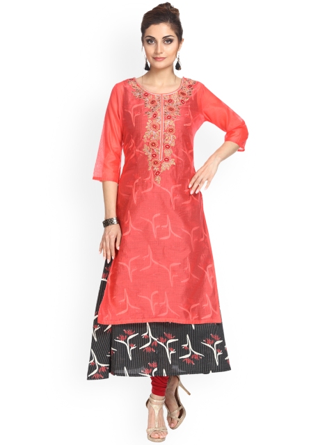 

Alena Women Coral Pink Embroidered A-Line Kurta