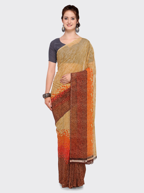 

Ligalz Beige Printed Poly Georgette Saree