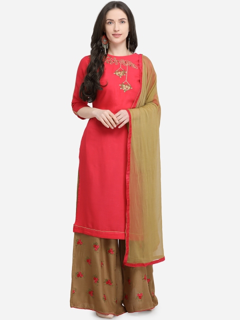 mf Coral Pink & Beige Viscose Rayon Semi-Stitched Dress Material