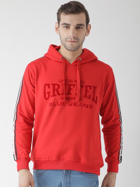 

GRIFFEL Men Red Self Design Hooded Sweatshirt