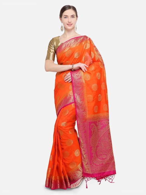 

Rajnandini Orange Silk Blend Woven Design Kanjeevaram Saree