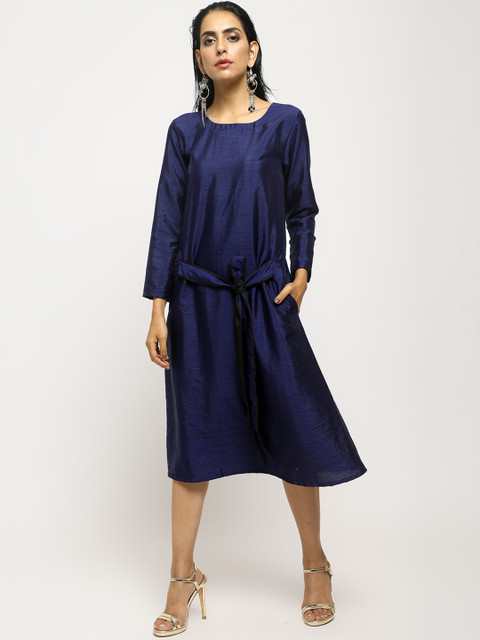 

trueBrowns Women Navy Blue Self Design A-Line Dress